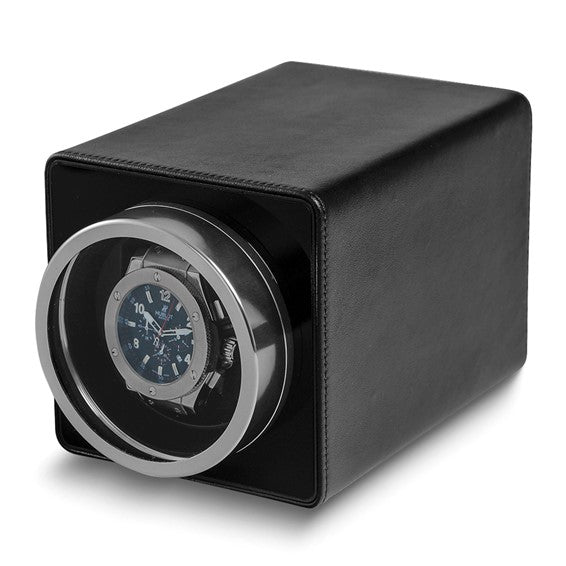 Rotations Black Faux Leather Velveteen Lined 1-Watch Winder (AC or Batteries)-GM21869-Chris's Jewelry