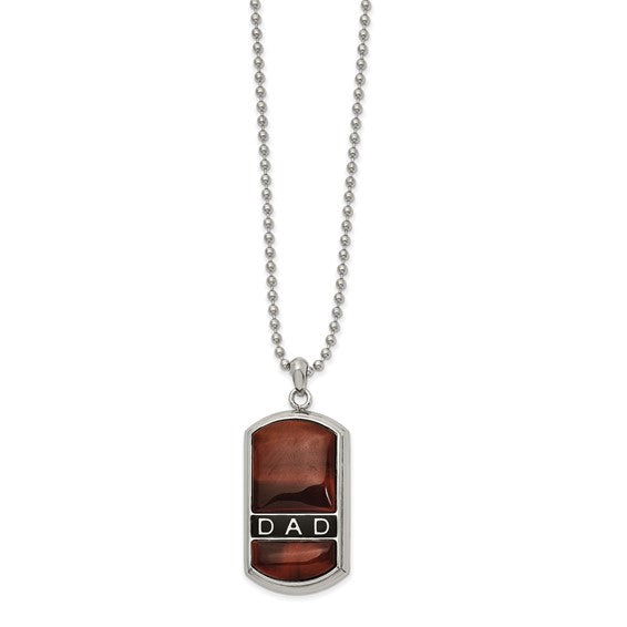 Stainless Steel Polished Enameled Tiger's Eye DAD Dog Tag 22" Necklace-SRN2623-22-Chris's Jewelry