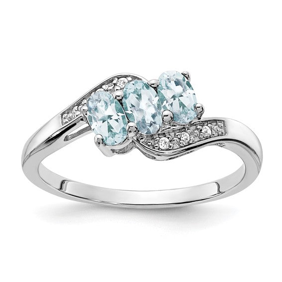 Sterling Silver 3-Stone Oval Gemstone & Diamond Birthstone Rings-RM7403-AQ-003-SSA-6-Chris's Jewelry