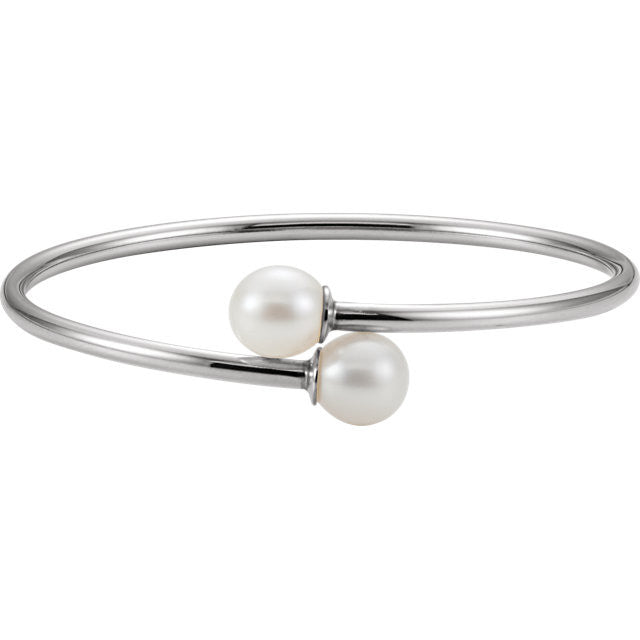 Sterling Silver 9.5mm White Pearl Flexible Bangle Bracelet-651644:100:P-Chris's Jewelry