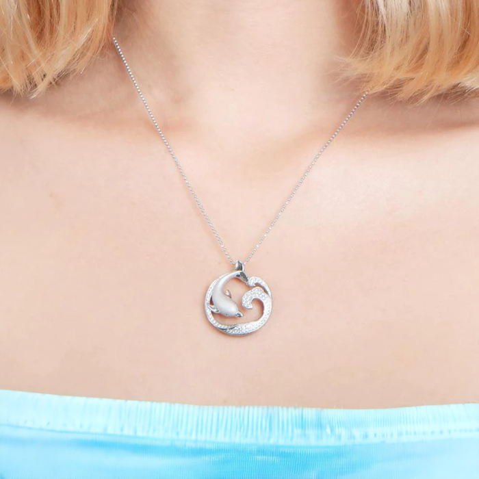 Sterling Silver Alamea Dolphin Ocean Wave Pave CZ Pendant-255-11-01-Chris's Jewelry