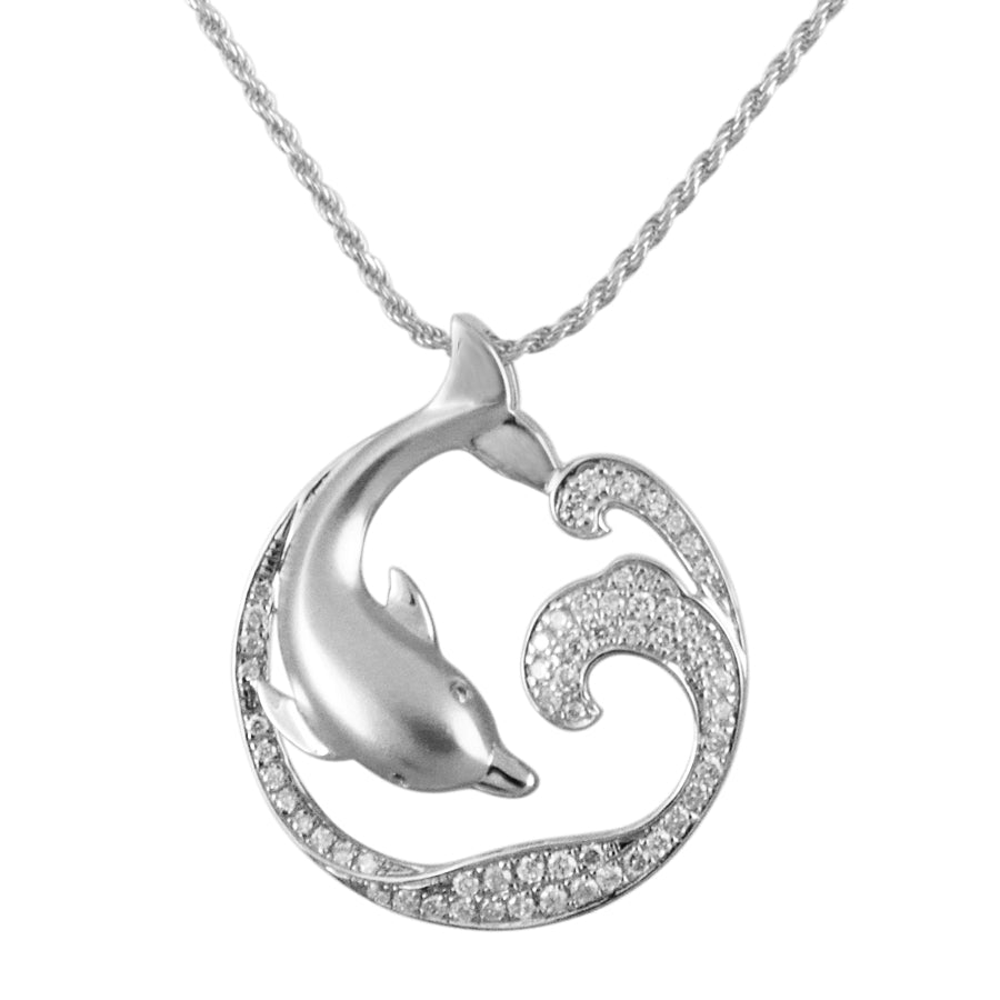 Sterling Silver Alamea Dolphin Ocean Wave Pave CZ Pendant-255-11-01-Chris's Jewelry