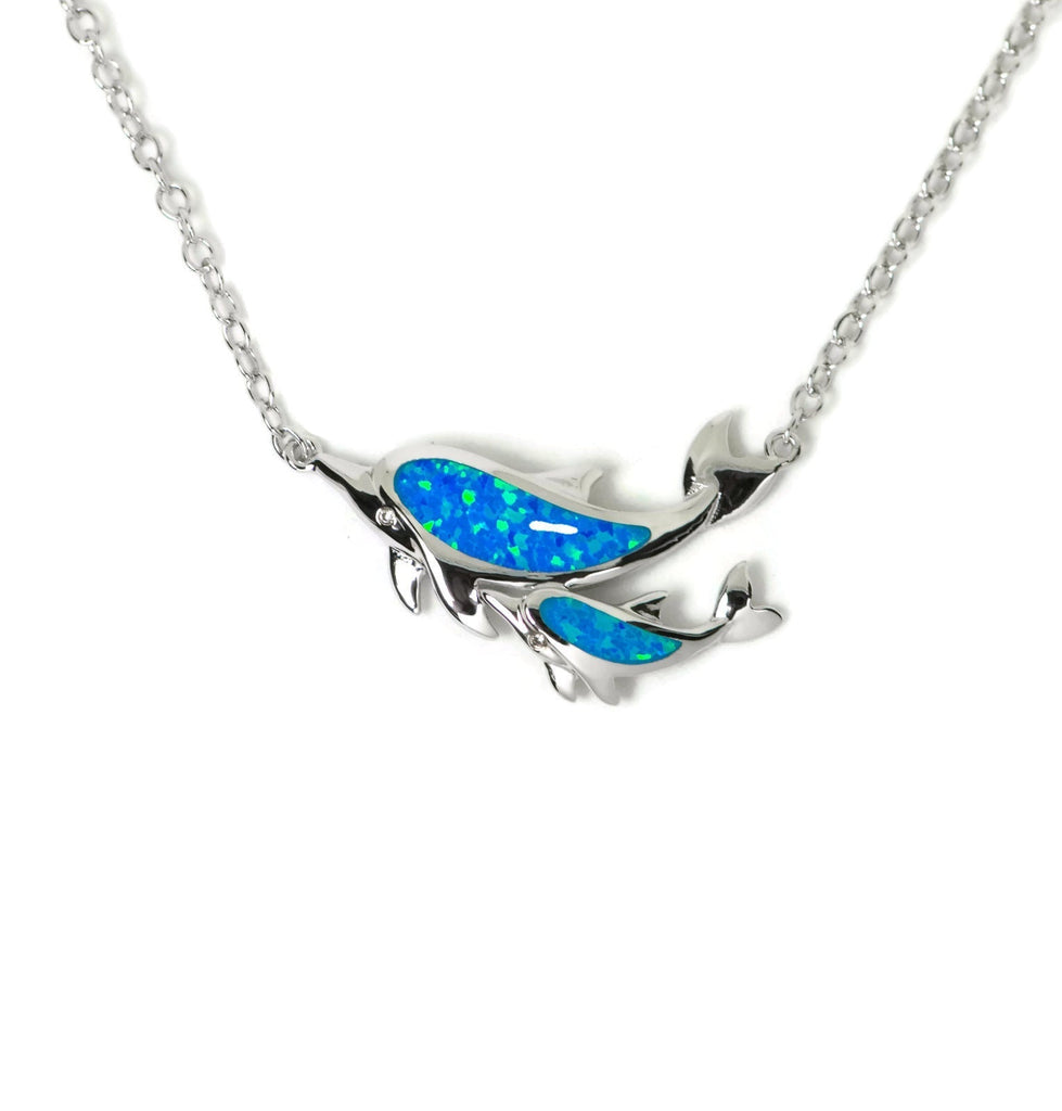 Sterling Silver Alamea Hawaii Blue Opal Dolphin and Baby Calf Necklace-273-31-01-Chris's Jewelry