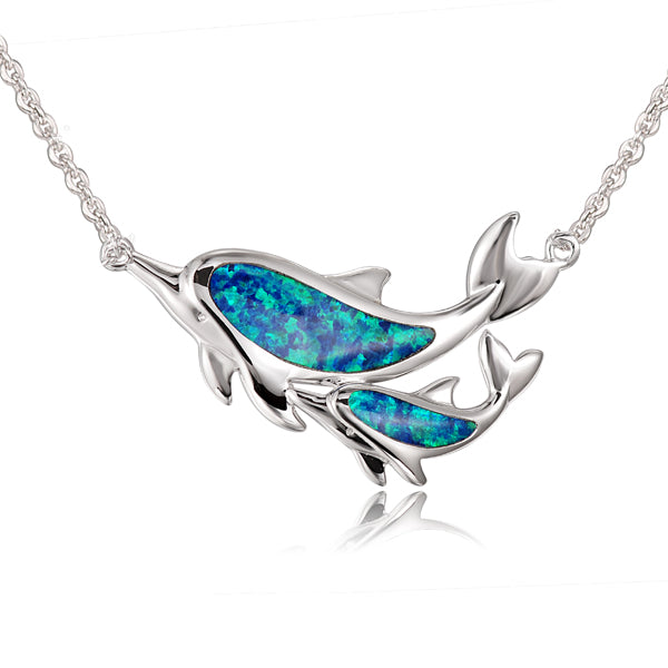 Sterling Silver Alamea Hawaii Blue Opal Dolphin and Baby Calf Necklace-273-31-01-Chris's Jewelry