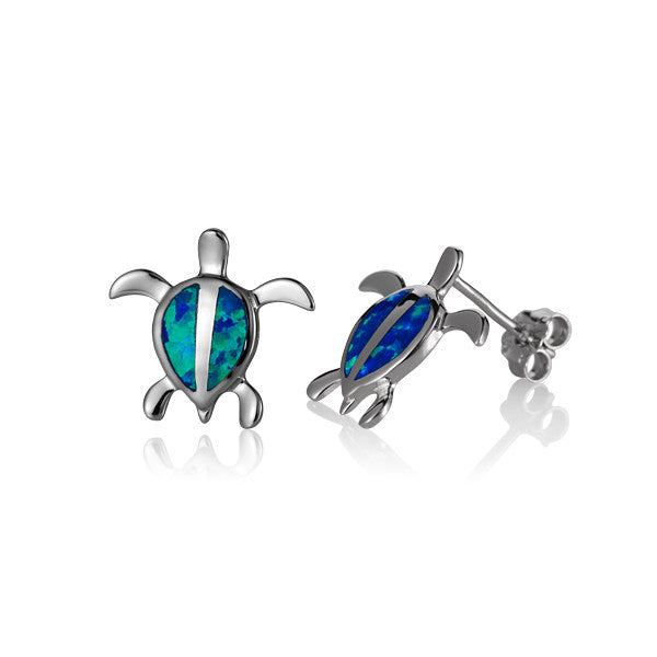Sterling Silver Alamea Hawaii Blue Opal Honu Turtle Stud Earrings-SOE127-Chris's Jewelry