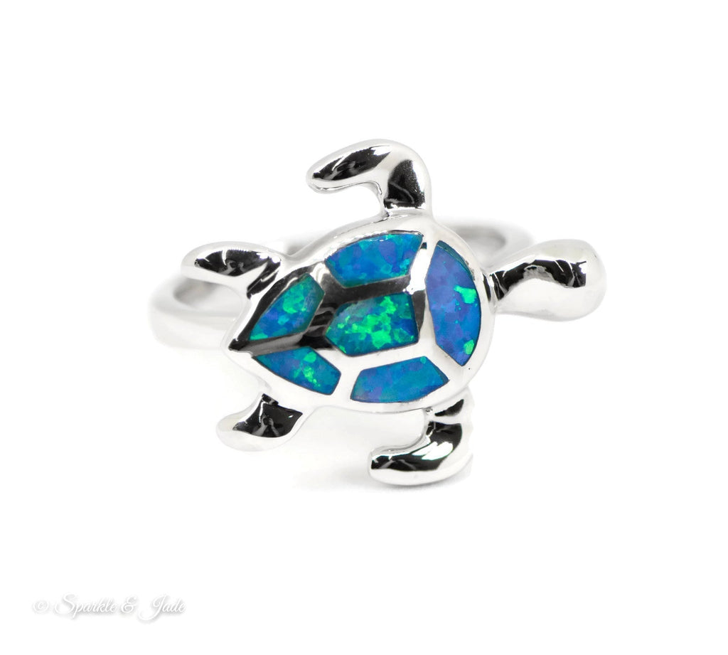Sterling Silver Alamea Hawaii Blue Opal Swimming Sea Turtle Ring-336-33-01-07-Chris's Jewelry