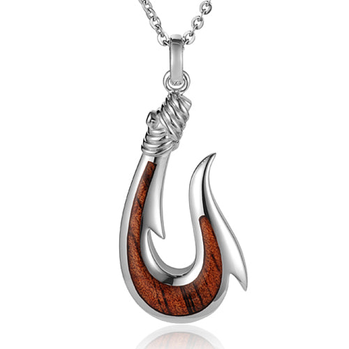 Sterling Silver Alamea Hawaii Koa Wood Fishhook Pendant-057-61A-02-Chris's Jewelry