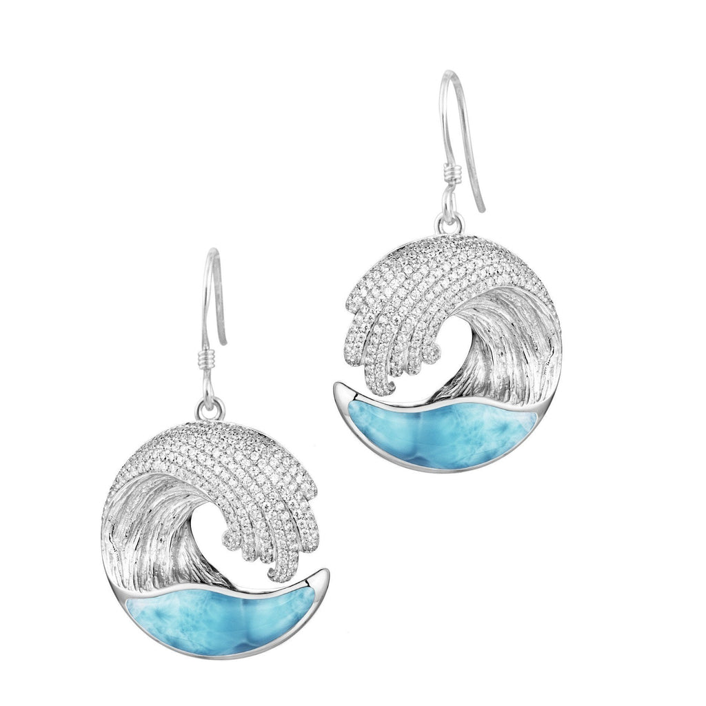 Sterling Silver Alamea Hawaii Larimar Ocean Wave and Pave CZ Earrings-411-82-01-Chris's Jewelry