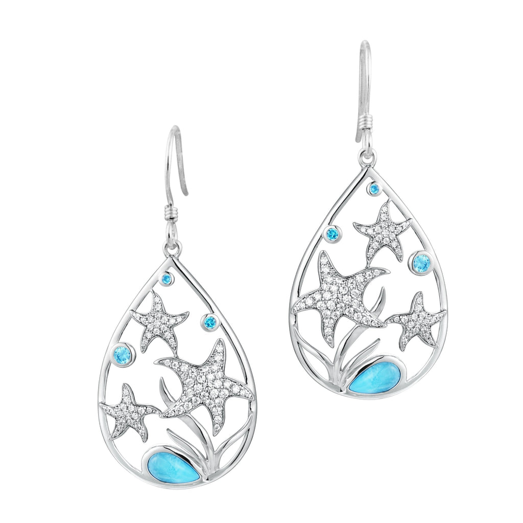 Sterling Silver Alamea Larimar Blue Topaz Starfish Dangle Earrings-413-82-01-Chris's Jewelry