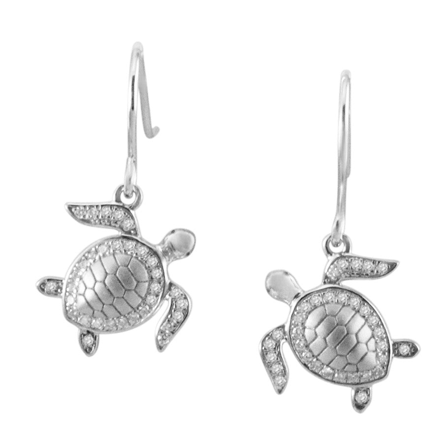 Sterling Silver Alamea Pave CZ Sea Turtle Dangle Earrings-250-12-01-Chris's Jewelry