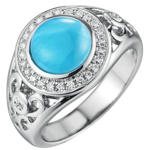 Sterling Silver Alamea Round Larimar CZ Halo Filigree Ring-Chris's Jewelry