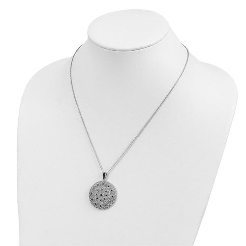Sterling Silver Black Diamond Filigree Circle Pendant Necklace-QP3810-Chris's Jewelry
