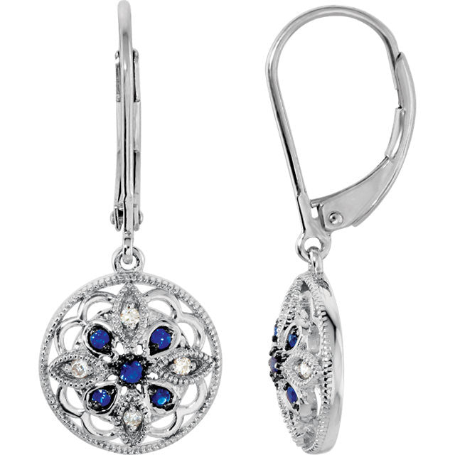 Sterling Silver Blue Sapphire Diamond Granulated Filigree Leverback Earrings-69750:100:P-Chris's Jewelry