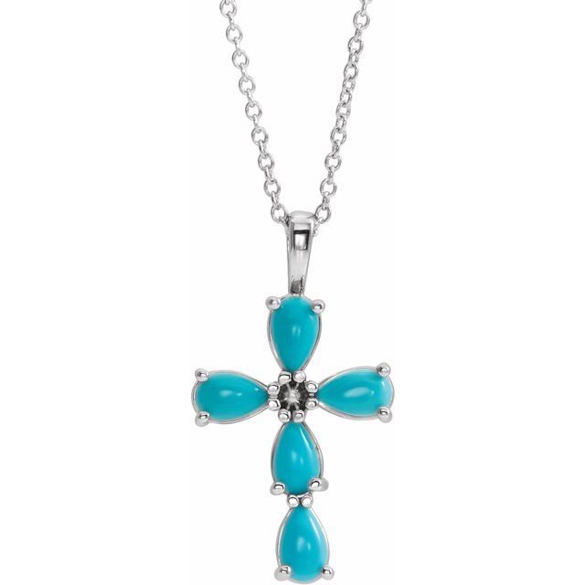 Sterling Silver Cabochon Turquoise Cross 16-18" Necklace-R42378:624:P-Chris's Jewelry