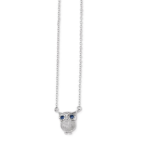 Sterling Silver Created Blue Sapphire Owl Necklace-QG3687-16-Chris's Jewelry