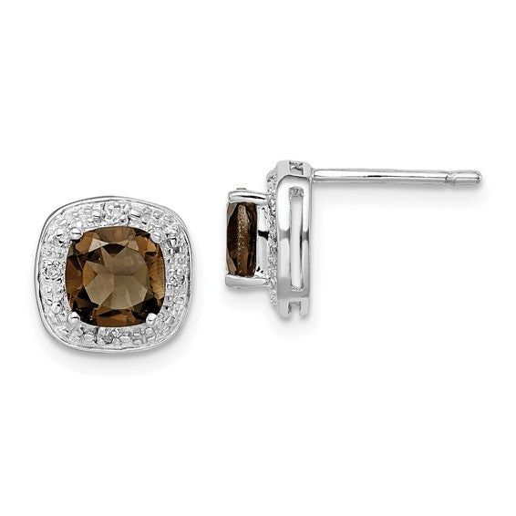 Sterling Silver Cushion 6mm Gemstone & Diamond Halo Post Earrings-QDX667-Chris's Jewelry