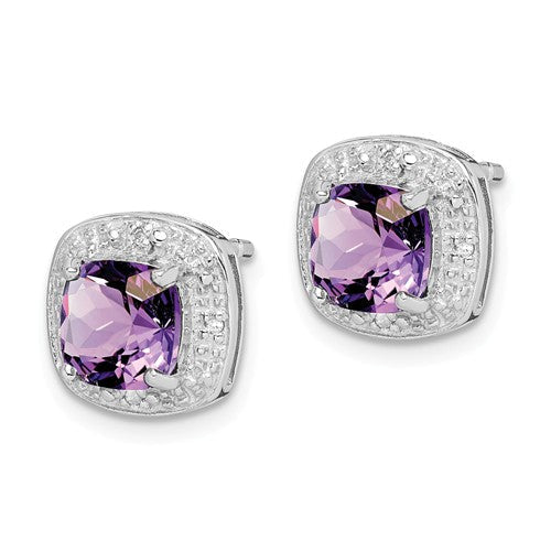 Sterling Silver Cushion 6mm Gemstone & Diamond Halo Post Earrings-Chris's Jewelry