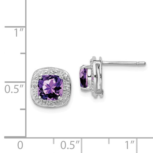Sterling Silver Cushion 6mm Gemstone & Diamond Halo Post Earrings-Chris's Jewelry
