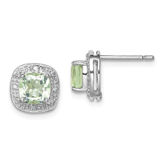 Sterling Silver Cushion 6mm Gemstone & Diamond Halo Post Earrings-QDX481-Chris's Jewelry