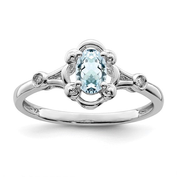 Sterling Silver Gemstone Oval & Diamond Birthstone Rings-QBR21MAR-5-Chris's Jewelry