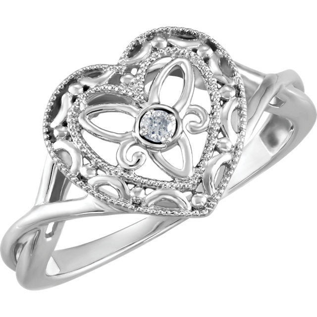 Sterling Silver Genuine Diamond Heart Crossed Band Filigree Ring-Chris's Jewelry