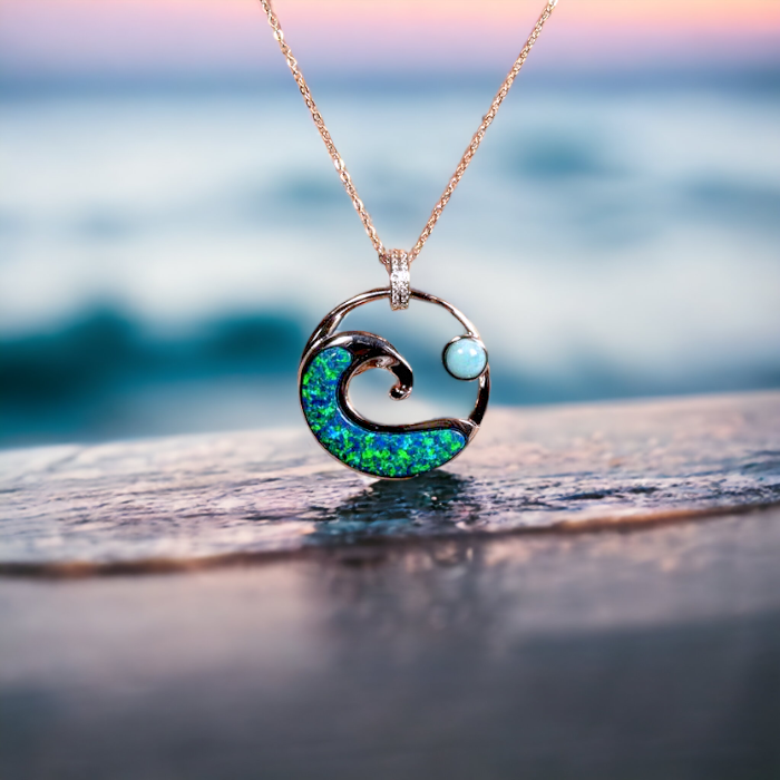 Sterling Silver Larimar Moon Tides Pendant with Opal by Alamea-Chris's Jewelry