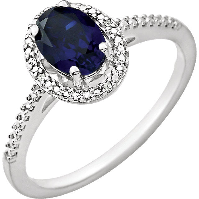 Sterling Silver Oval Created Blue Sapphire & .01 CTW Diamond Halo-Style Ring-652631:60009:P-Chris's Jewelry
