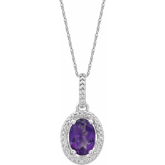 Sterling Silver Oval Gemstone & .01 CTW Diamond Halo-Style 18" Necklaces-652633:60002:P-Chris's Jewelry