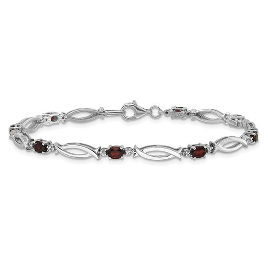 Sterling Silver Oval Gemstone and Diamond Link Design Bracelets-QX994GA-Chris's Jewelry