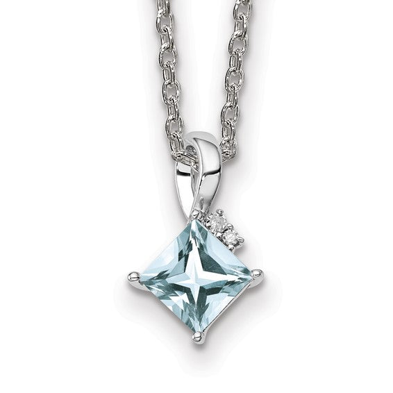 Sterling Silver Princess Square Gemstone & Diamond Pendant Necklaces-QP2990AQ QP2990AQ/QPE46-18-Chris's Jewelry