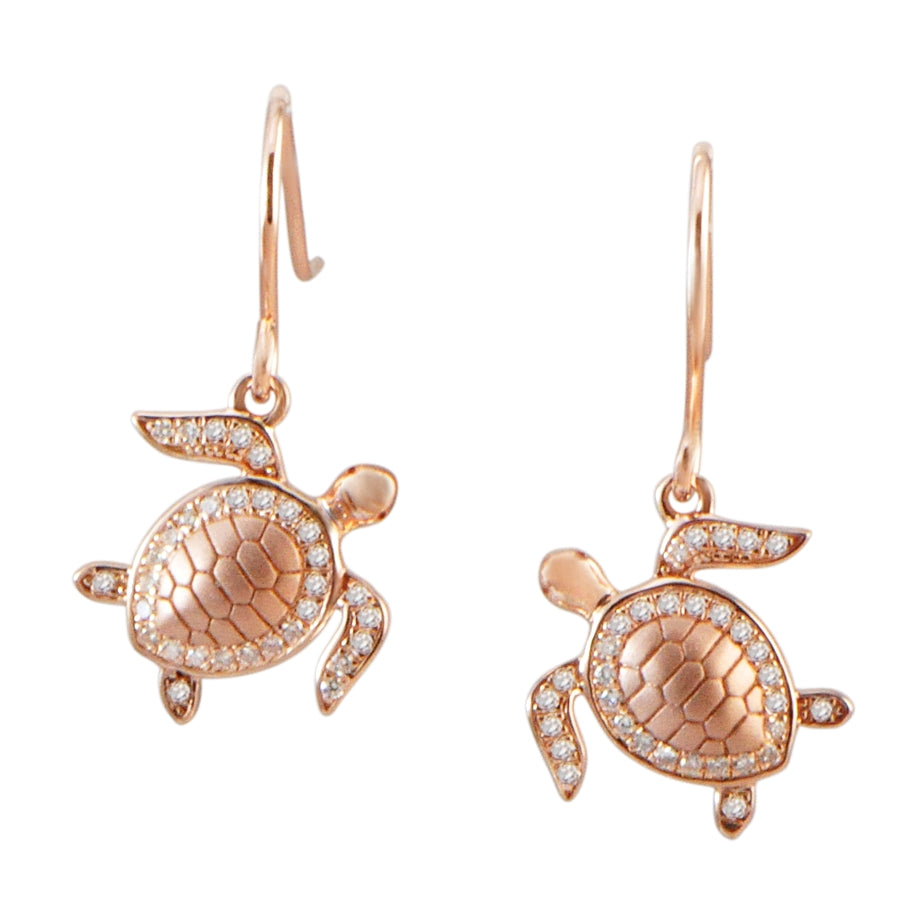 Sterling Silver Rose Gold Pave CZ Turtle Dangle Earrings-250-12-03-Chris's Jewelry