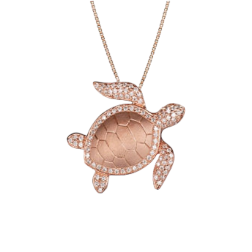 Sterling Silver Rose Gold Plated Alamea Hawaii Pave CZ Turtle Pendant-250-11-03-Chris's Jewelry