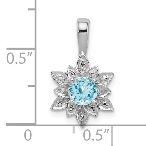 Sterling Silver Round Blue Topaz and Diamond Lotus Flower Pendant-QP3069BT-Chris's Jewelry