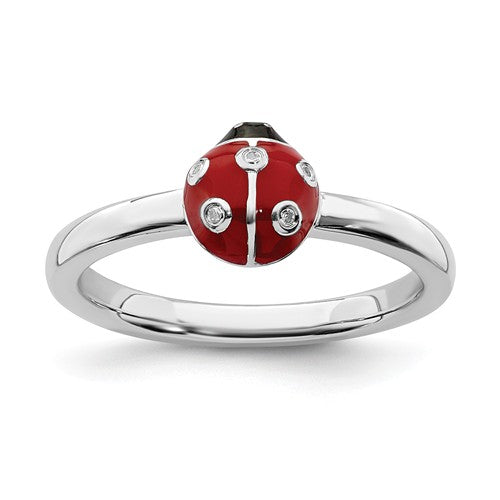 Sterling Silver Stackable Expressions Red & Black LadyBug Diamond Ring-Chris's Jewelry