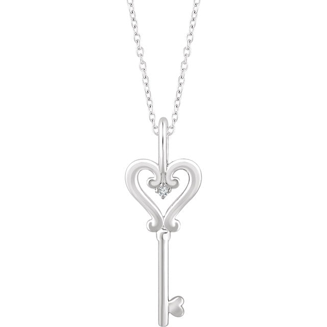 Sterling Silver .006 CT Diamond Heart Key 16-18" Necklace-652737:60001:P-Chris's Jewelry
